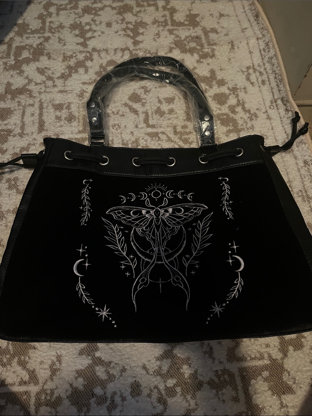 Black Moth-Print Velvet Tote Bag